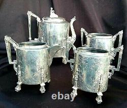 1869 REED & BARTON TEA SET Egyptian Revival ivy leaf Architectual Silver Plate