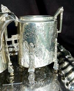 1869 REED & BARTON TEA SET Egyptian Revival ivy leaf Architectual Silver Plate