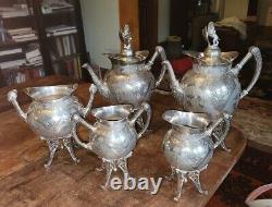 1878 MERIDEN Quadruple Plate AESTHETIC 5 Pc Coffee/Tea Set-LION & SHIELD Finials