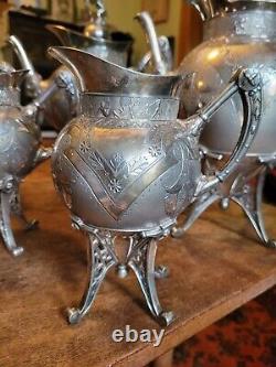 1878 MERIDEN Quadruple Plate AESTHETIC 5 Pc Coffee/Tea Set-LION & SHIELD Finials