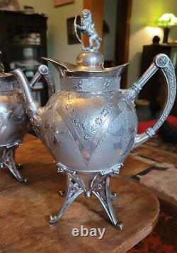 1878 MERIDEN Quadruple Plate AESTHETIC 5 Pc Coffee/Tea Set-LION & SHIELD Finials