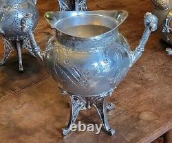 1878 MERIDEN Quadruple Plate AESTHETIC 5 Pc Coffee/Tea Set-LION & SHIELD Finials