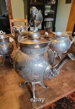 1878 MERIDEN Quadruple Plate AESTHETIC 5 Pc Coffee/Tea Set-LION & SHIELD Finials