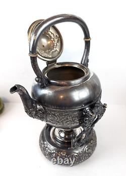 1880s Antique Victorian Silver Plated Tilting Tea Pot Kettle On Warming Stand