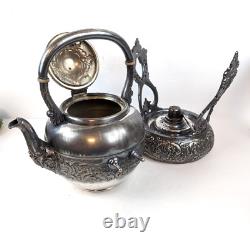 1880s Antique Victorian Silver Plated Tilting Tea Pot Kettle On Warming Stand