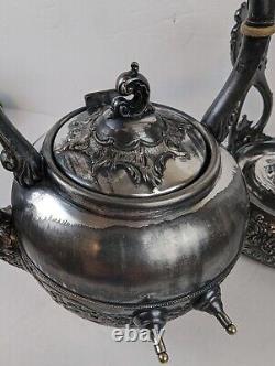 1880s Antique Victorian Silver Plated Tilting Tea Pot Kettle On Warming Stand