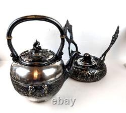 1880s Antique Victorian Silver Plated Tilting Tea Pot Kettle On Warming Stand