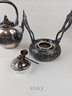 1880s Antique Victorian Silver Plated Tilting Tea Pot Kettle On Warming Stand