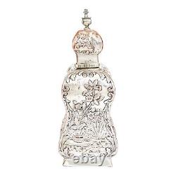 1890's Dutch silver plate tea caddy Rococo embossed flowers, children, scrolls