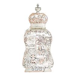 1890's Dutch silver plate tea caddy Rococo embossed flowers, children, scrolls