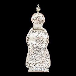 1890's Dutch silver plate tea caddy Rococo embossed flowers, children, scrolls