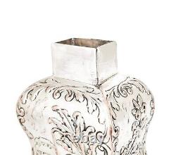1890's Dutch silver plate tea caddy Rococo embossed flowers, children, scrolls