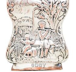 1890's Dutch silver plate tea caddy Rococo embossed flowers, children, scrolls