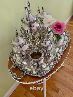 1920's Silverplate Coffee/Tea Service 7+pieces w Tray and Tilting Hot H20 Kettle
