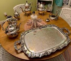 1920's Silverplate Coffee/Tea Service 7+pieces w Tray and Tilting Hot H20 Kettle