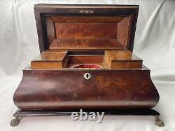 19c Antique LARGE FRENCH EMPIRE MAHOGANY FLAME FOOTED SARCOPHAGUS TEA CADDY