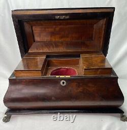 19c Antique LARGE FRENCH EMPIRE MAHOGANY FLAME FOOTED SARCOPHAGUS TEA CADDY