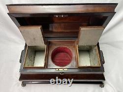 19c Antique LARGE FRENCH EMPIRE MAHOGANY FLAME FOOTED SARCOPHAGUS TEA CADDY