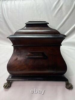 19c Antique LARGE FRENCH EMPIRE MAHOGANY FLAME FOOTED SARCOPHAGUS TEA CADDY