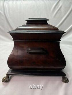 19c Antique LARGE FRENCH EMPIRE MAHOGANY FLAME FOOTED SARCOPHAGUS TEA CADDY