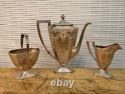 19thC VICTORIAN BARBOUR BROS SILVER PLATE REPOUSSE 3 PIECE COFFEE OR TEA SERVICE
