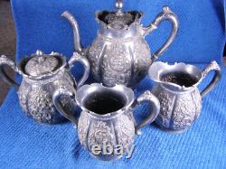 19thc Meriden Ornate Repousse Silverplate 4 Pc Tea Set -Teapot Sugar Creamer Etc