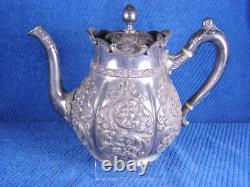 19thc Meriden Ornate Repousse Silverplate 4 Pc Tea Set -Teapot Sugar Creamer Etc
