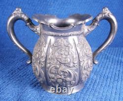 19thc Meriden Ornate Repousse Silverplate 4 Pc Tea Set -Teapot Sugar Creamer Etc