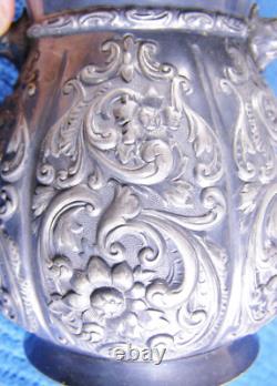 19thc Meriden Ornate Repousse Silverplate 4 Pc Tea Set -Teapot Sugar Creamer Etc
