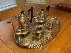 22 Inch Antique Viners Sheffield England Silver Plate Chased Tray & Tea Set