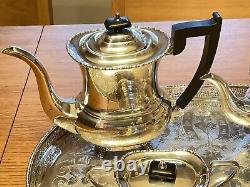 22 Inch Antique Viners Sheffield England Silver Plate Chased Tray & Tea Set