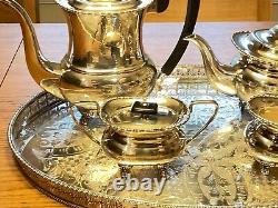 22 Inch Antique Viners Sheffield England Silver Plate Chased Tray & Tea Set