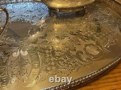 22 Inch Antique Viners Sheffield England Silver Plate Chased Tray & Tea Set