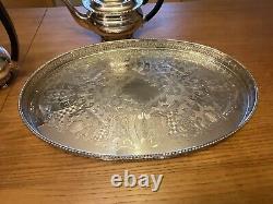 22 Inch Antique Viners Sheffield England Silver Plate Chased Tray & Tea Set