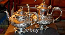 2 MERIDEN B CO 1998 Coffee/Tea Pot QUADRUPLE Silver Plate EMBOSSED CHASED CHALET