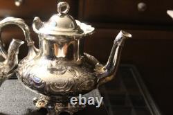 2 MERIDEN B CO 1998 Coffee/Tea Pot QUADRUPLE Silver Plate EMBOSSED CHASED CHALET
