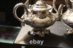 2 MERIDEN B CO 1998 Coffee/Tea Pot QUADRUPLE Silver Plate EMBOSSED CHASED CHALET