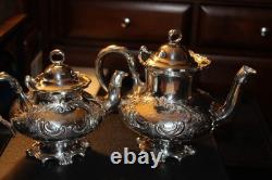 2 MERIDEN B CO 1998 Coffee/Tea Pot QUADRUPLE Silver Plate EMBOSSED CHASED CHALET