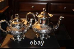 2 MERIDEN B CO 1998 Coffee/Tea Pot QUADRUPLE Silver Plate EMBOSSED CHASED CHALET