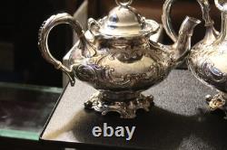 2 MERIDEN B CO 1998 Coffee/Tea Pot QUADRUPLE Silver Plate EMBOSSED CHASED CHALET