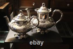 2 MERIDEN B CO 1998 Coffee/Tea Pot QUADRUPLE Silver Plate EMBOSSED CHASED CHALET