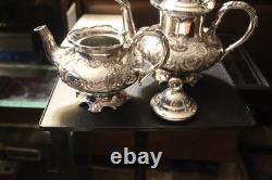 2 MERIDEN B CO 1998 Coffee/Tea Pot QUADRUPLE Silver Plate EMBOSSED CHASED CHALET
