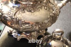 2 MERIDEN B CO 1998 Coffee/Tea Pot QUADRUPLE Silver Plate EMBOSSED CHASED CHALET