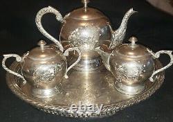 3 Piece Engraved German Silver Tea Service and Onela Silver Plate Serving Tray