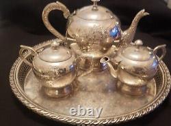 3 Piece Engraved German Silver Tea Service and Onela Silver Plate Serving Tray