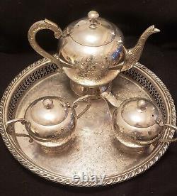 3 Piece Engraved German Silver Tea Service and Onela Silver Plate Serving Tray