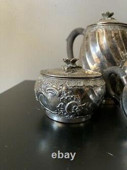 3 Piece Sterling Silver Ornate Tea Coffee Pot Set With Creamer Sugar Bowl Lidded