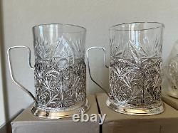 4 Vintage Filigree Silver Plate Hot Ice Coffee Tea Cup Holders with Glasses Russia