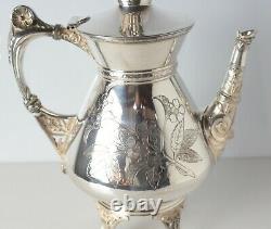 4pc Meriden Company Silverplate Footed Tea Service hand chased birds florals