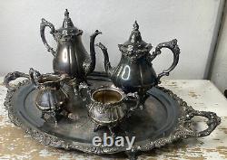 5 Piece Baroque Tea & Coffee Silverplate Set by Wallace w Footed Tray Tarnished